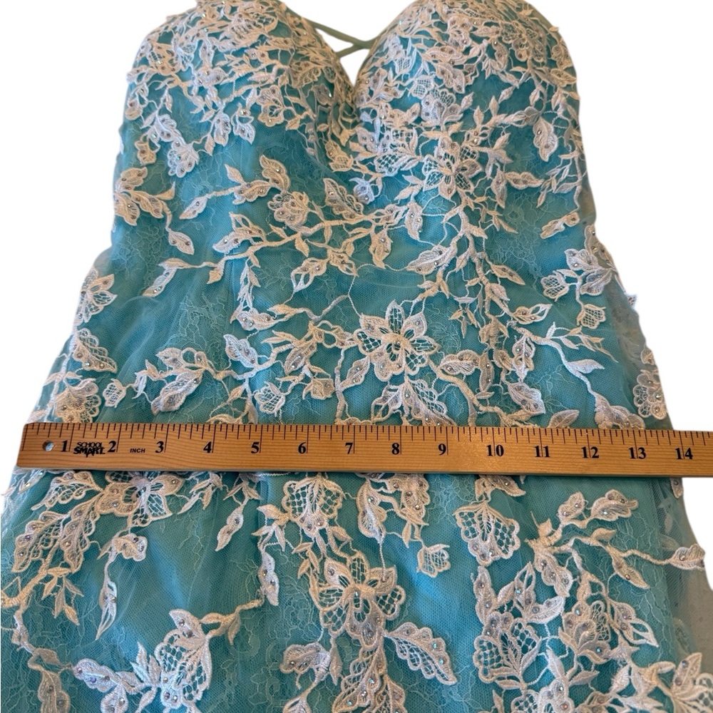 Jovani Turquoise Long Appliqued High Slit Sheath Gown NEW Size 4 Mermaid JVN - Picture 13 of 16